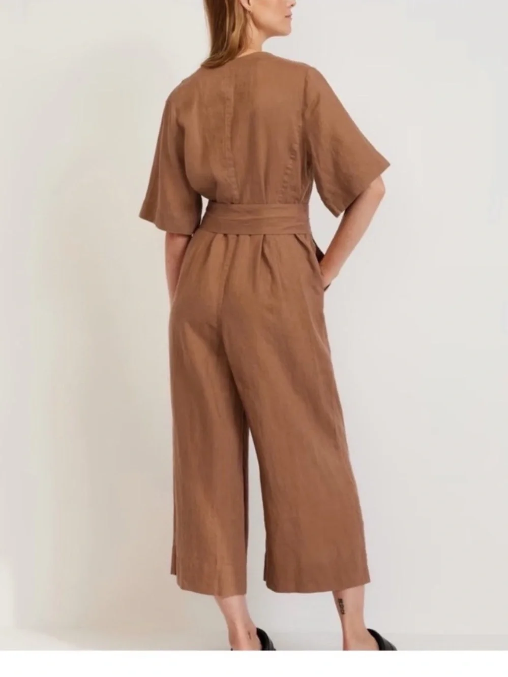 Everlane European Flax Linen Wide Leg Wrap Clay Brown Belted Jumpsuit 10 Summer